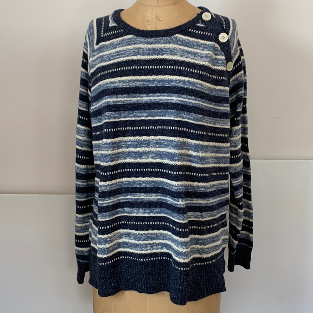 Chaps Ralph Lauren Sweater 100% cotton blue striped button neck top XL Petite - Picture 3 of 10